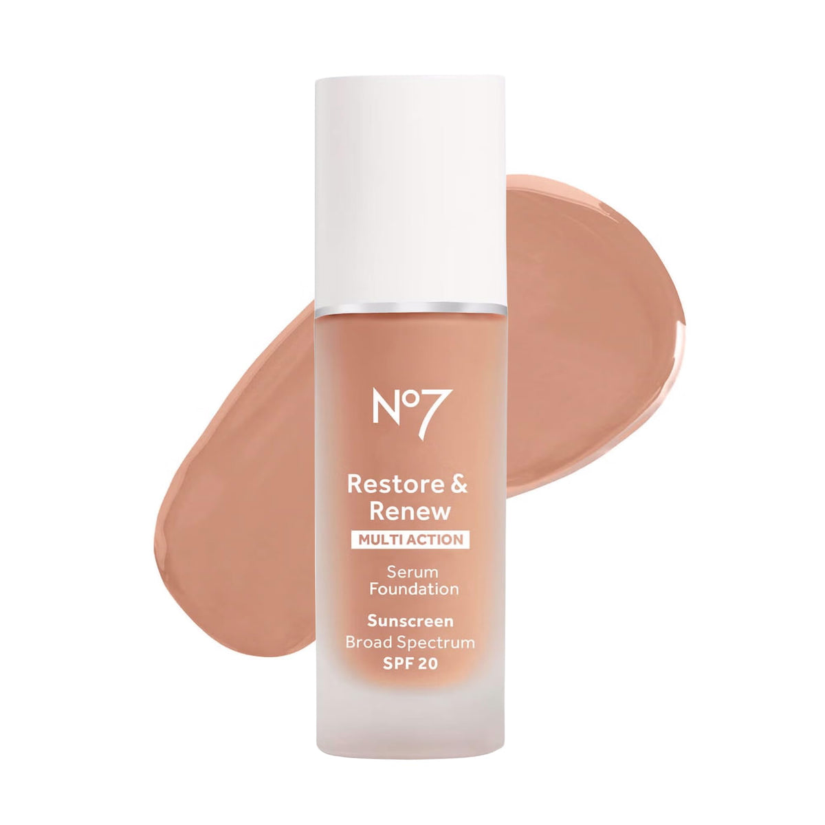 No7 Restore & Renew Foundation, bote de 30 ml, textura ligera para piel radiante.