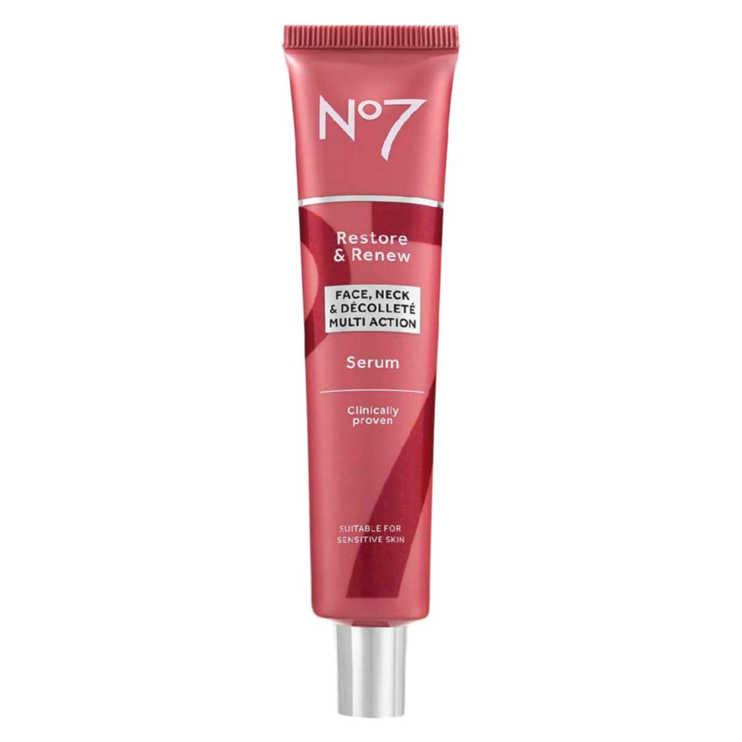 No7 Restore & Renew sérum: botella en primer plano, aporta hidratación profunda para rostro y cuello.