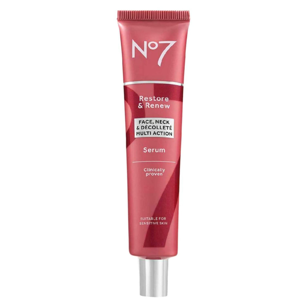 No7 Restore & Renew sérum: botella en primer plano, aporta hidratación profunda para rostro y cuello.