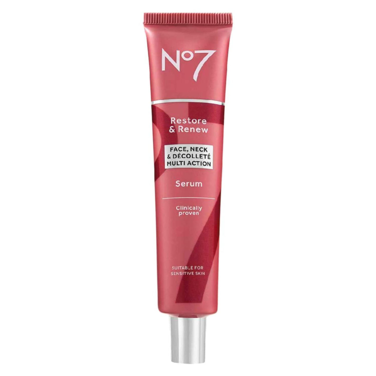 No7 Restore & Renew sérum: botella en primer plano, aporta hidratación profunda para rostro y cuello.