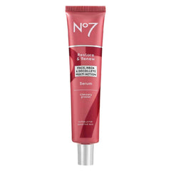 No7 Restore & Renew sérum: botella en primer plano, aporta hidratación profunda para rostro y cuello.
