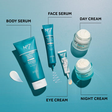 Sistema de cuidado facial No7 que complementa limpiadores y sueros.