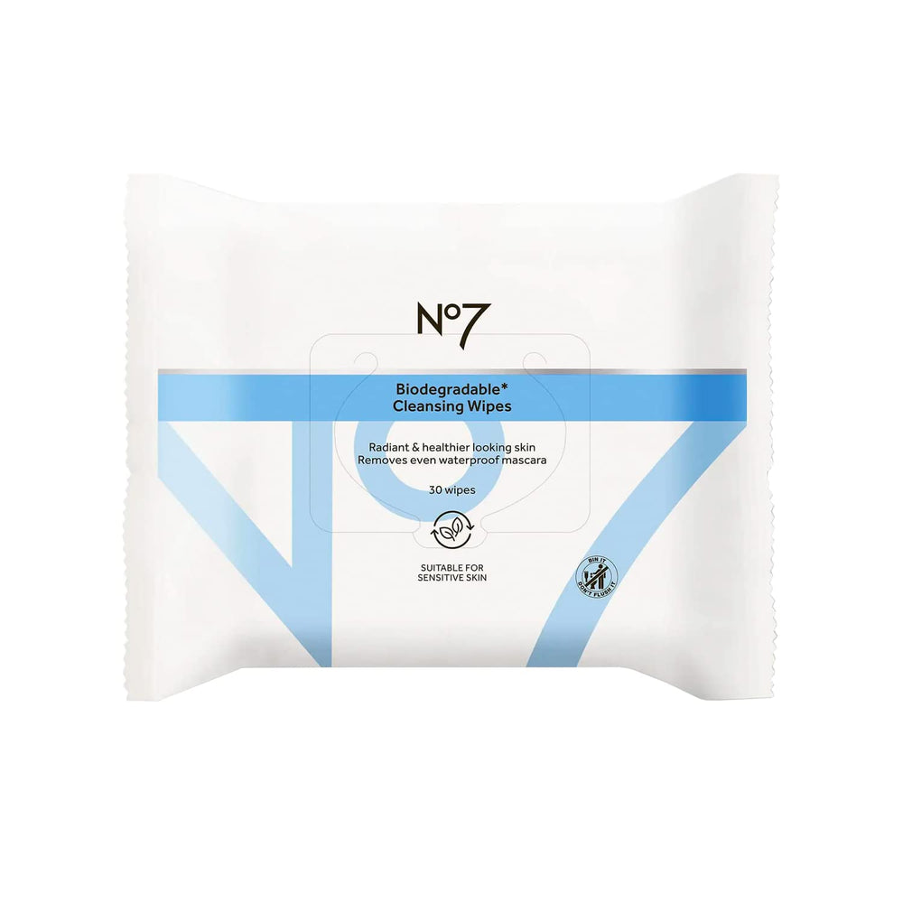 No7 toallitas limpiadoras biodegradables, empaque doble de 60 unidades, limpieza suave diaria.