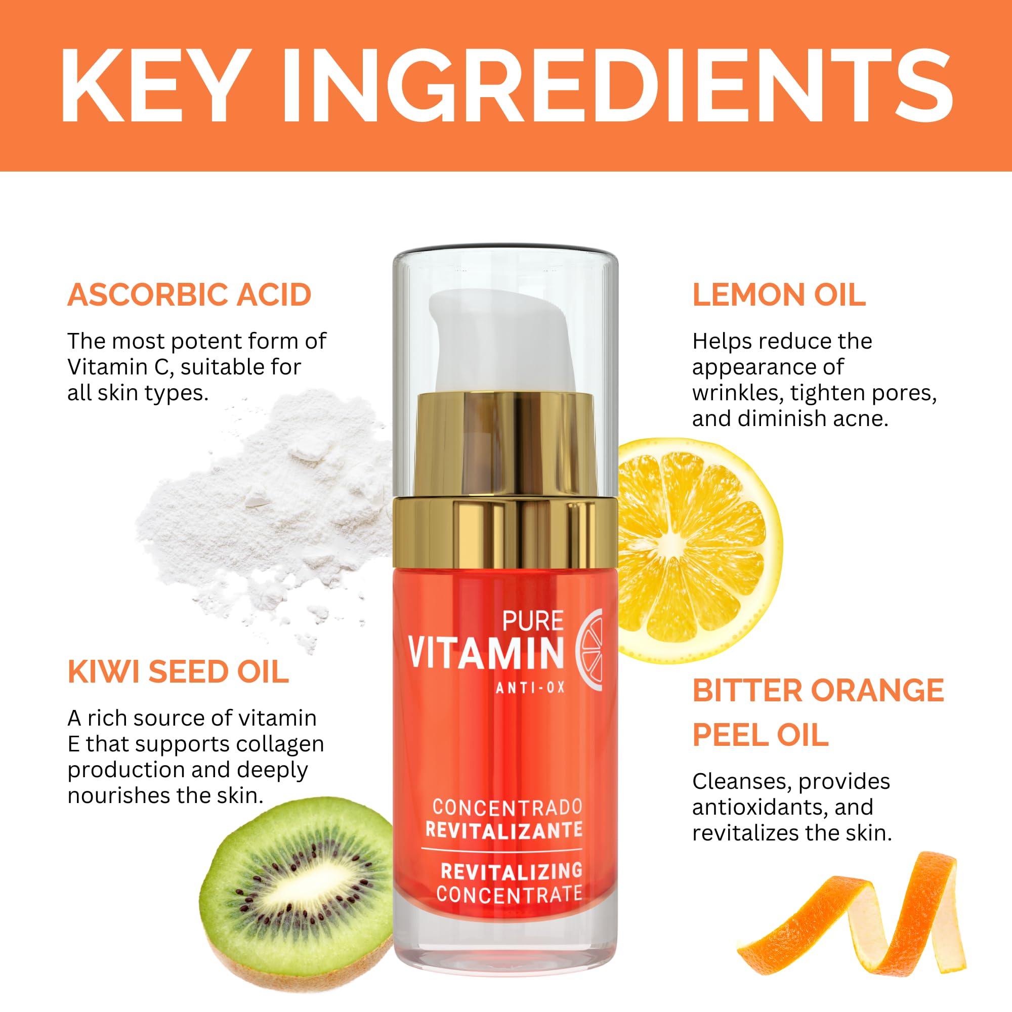 Noche Y Dia Serum Vitamina C, ingredientes clave: naranja amarga, limón y kiwi para cuidado diario.