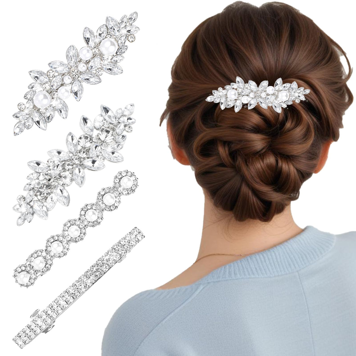Pinzas Nogeqi con cristal flor plateada, ideal para un estilo elegante en eventos.