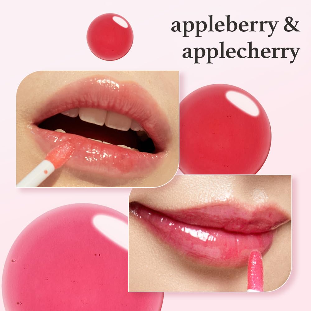 NOONI Applecherry lip oil bottle close-up with glossy finish and nourished lips.