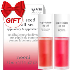 NOONI lip oil set bottles Appleberry and Applecherry on a clean surface for moisture-ready glam.