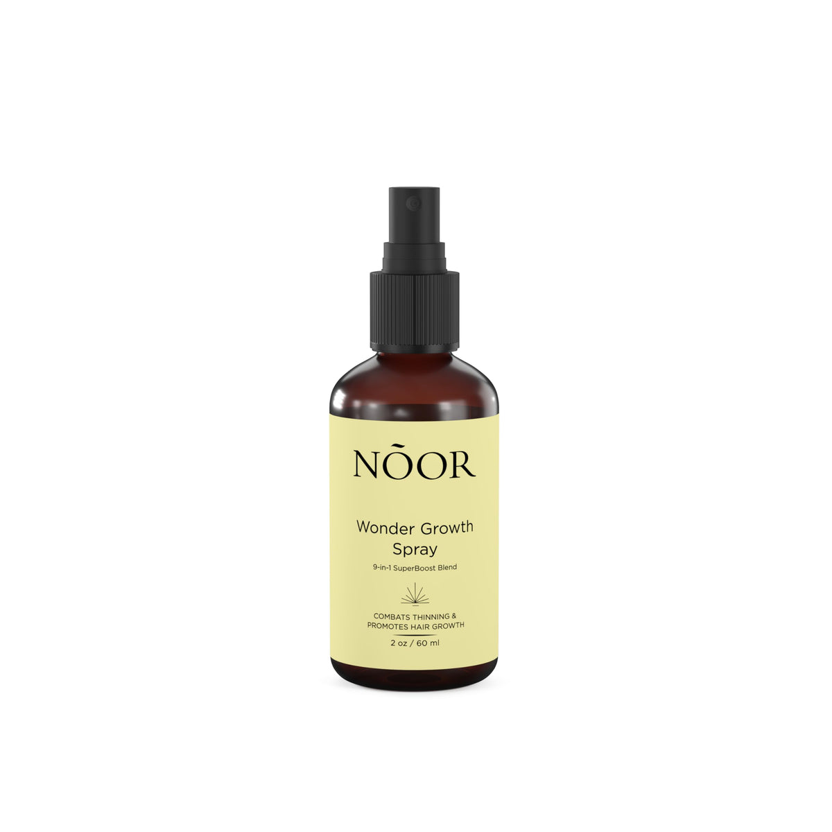 NOOR HAIR Wonder Growth Spray: bouteille élégante prête pour une utilisation quotidienne.