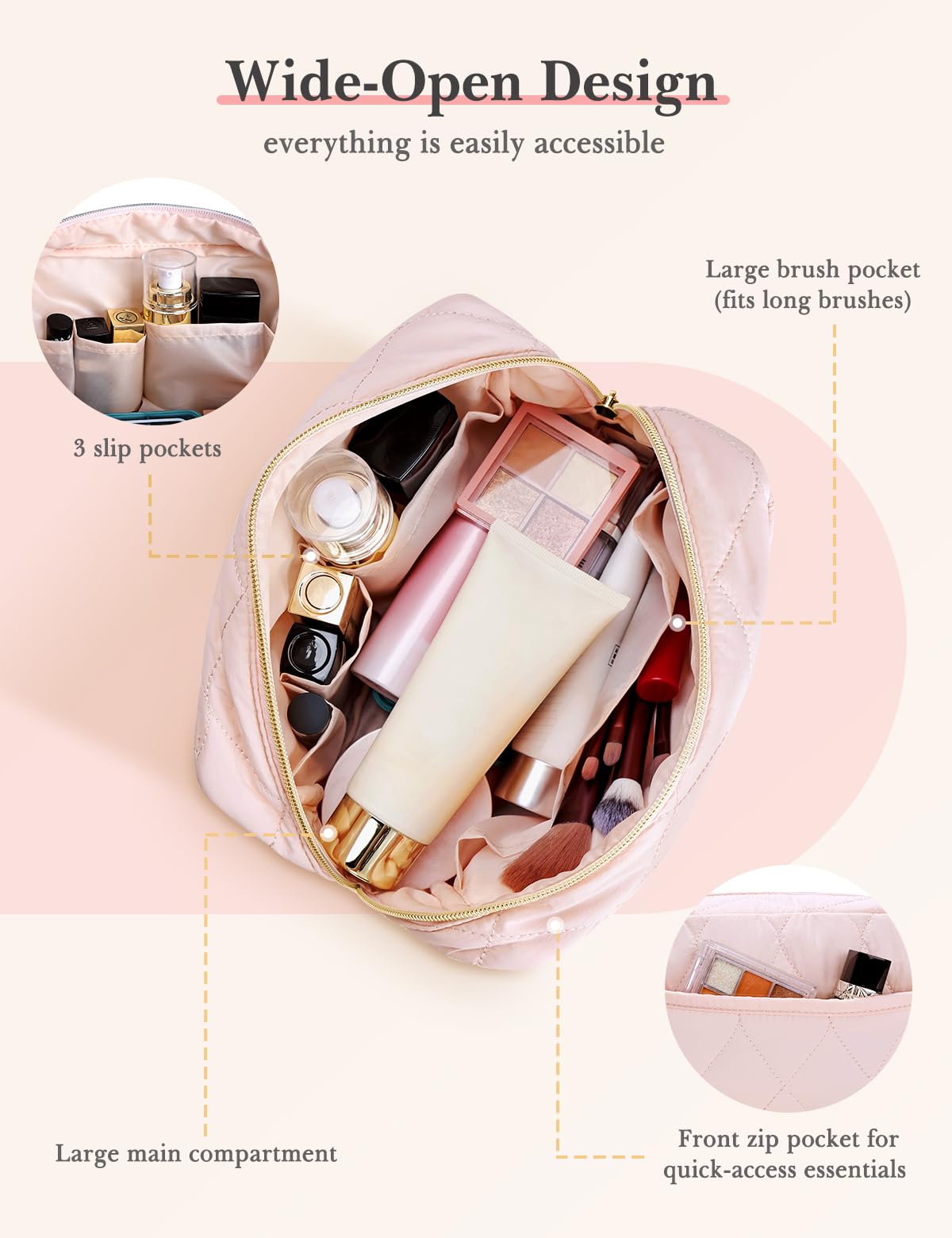 Noozion bolsa maquillaje viaje con bolsillo frontal de fácil acceso