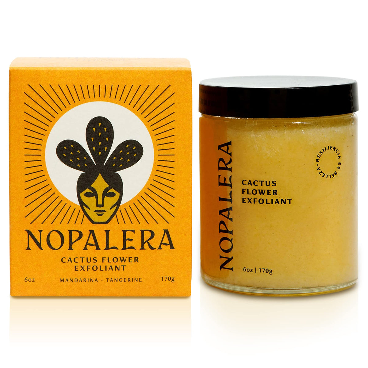 Nopalera polvo corporal cactus mandarina en botella, exfolia suavemente y deja la piel limpia.