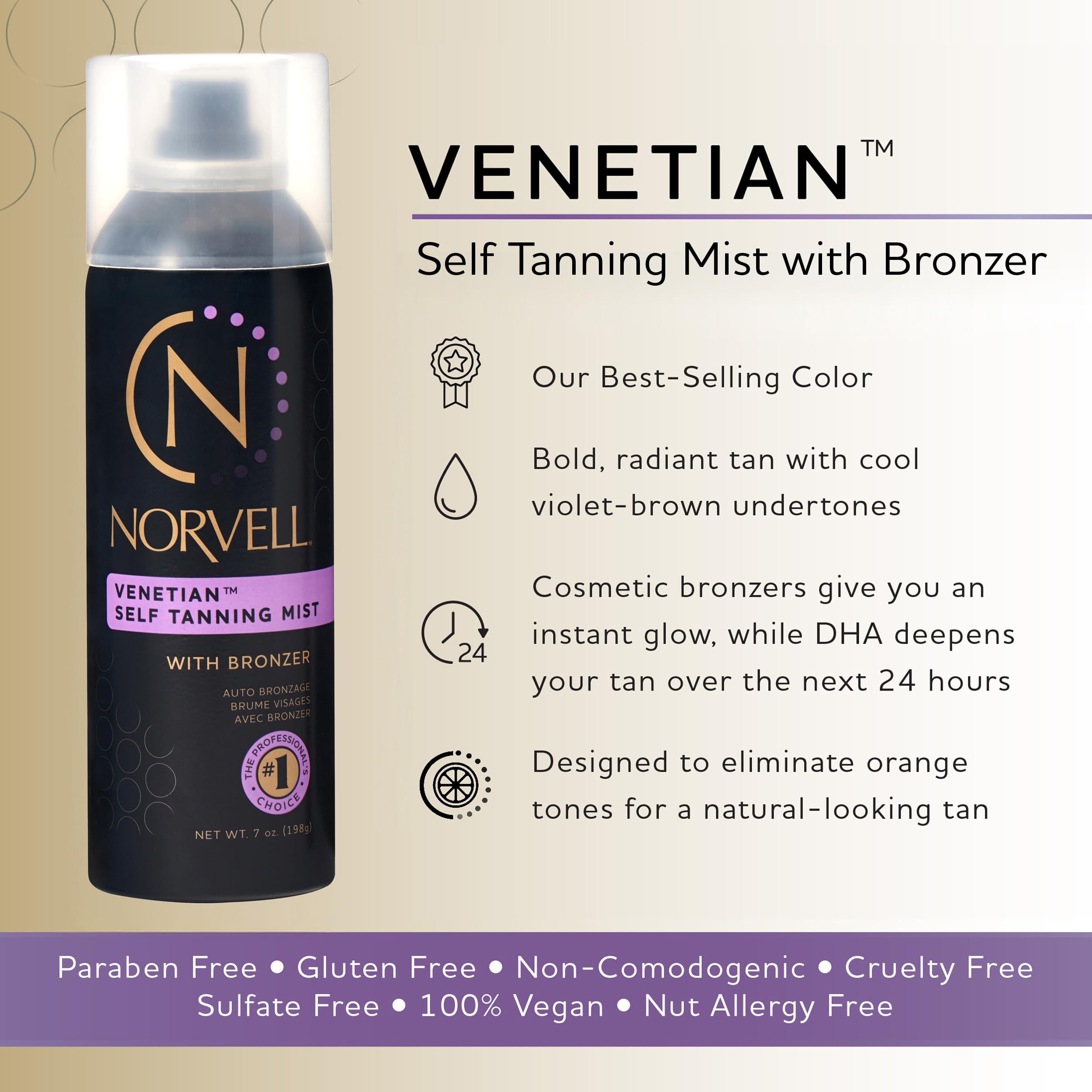 Norvell Venetian Mist bronceado instantáneo con bronceador visible.