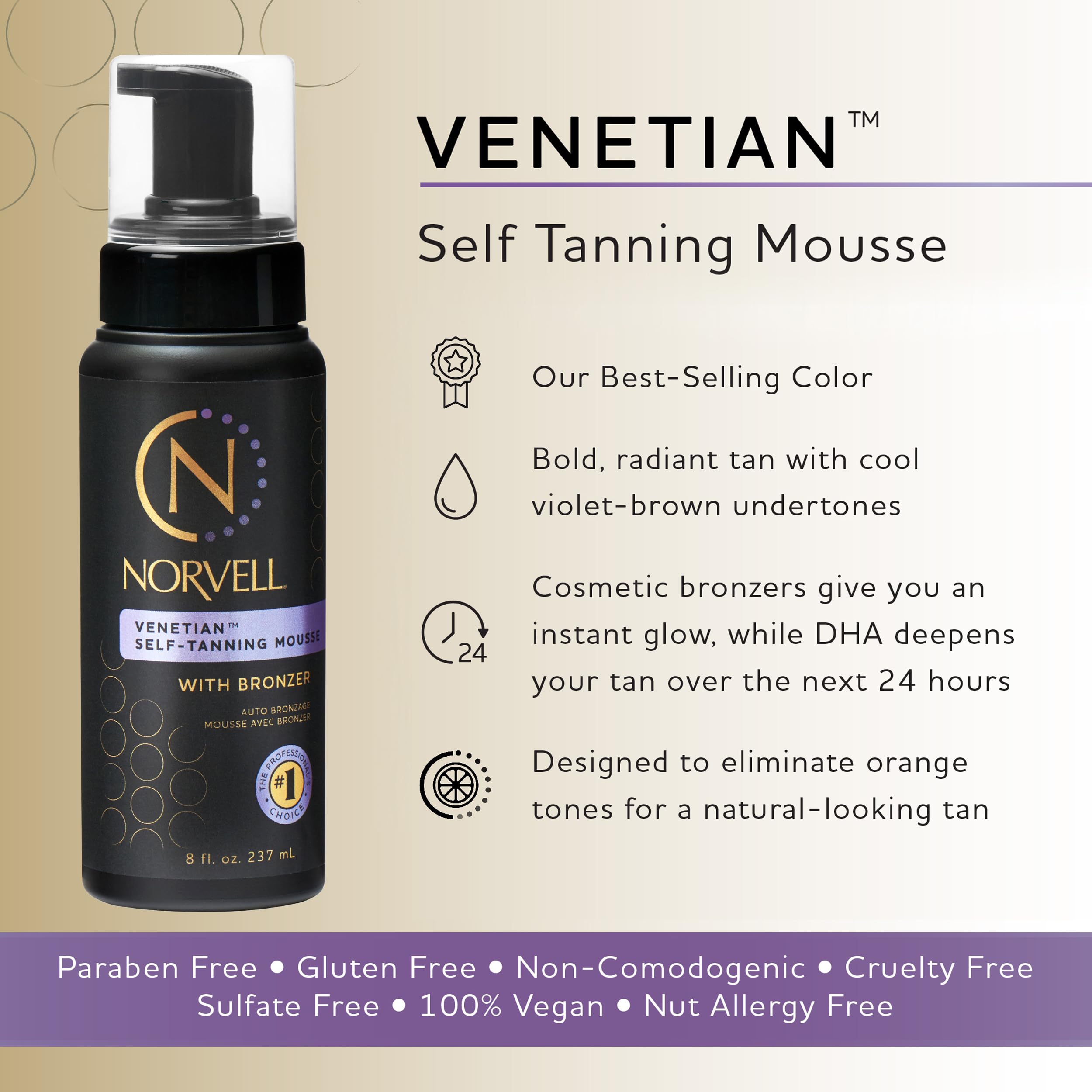 Norvell Venetian Sunless Mousse textura aterciopelada para cobertura suave.