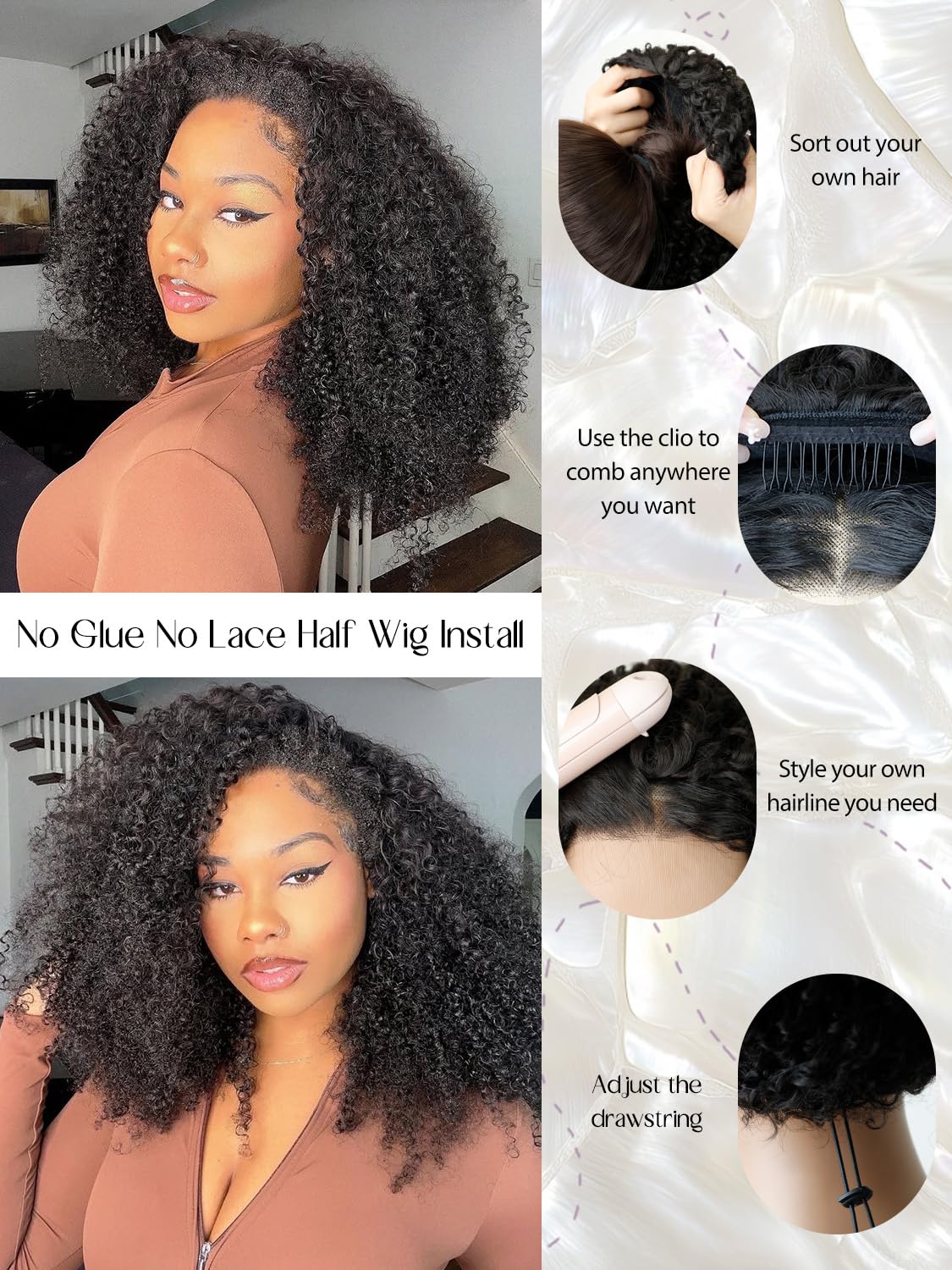 Nostalgia Kinky Curly Half Wig 16 pulgadas, con cinta frontal, acabado natural sin costuras.
