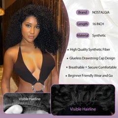 Nostalgia Kinky Curly Half Wig 16 pulgadas, cordón de instalación sin pegamento, fácil de colocar.