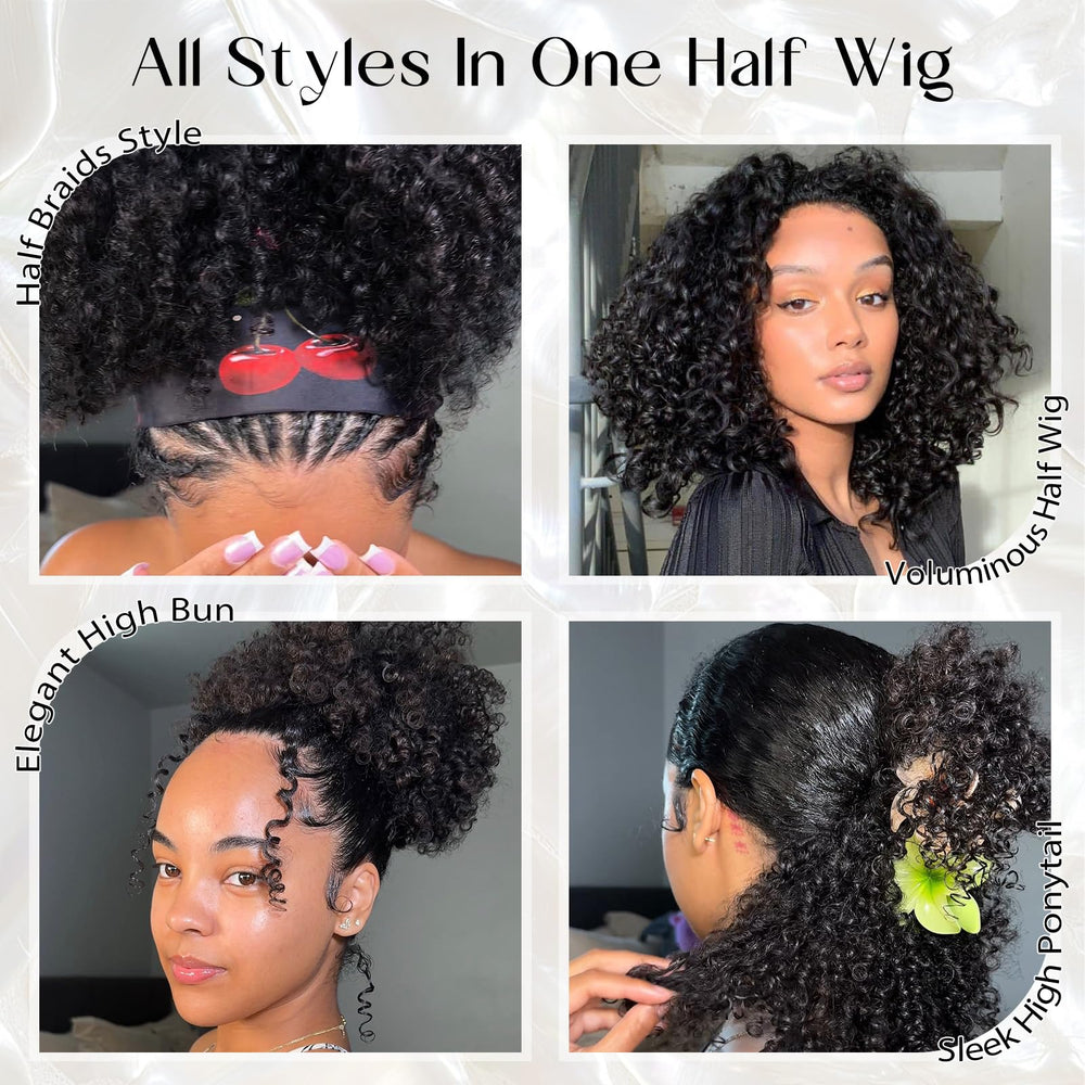 Nostalgia Kinky Curly Half Wig 16 pulgadas, tapa media con ajuste seguro para comodidad.