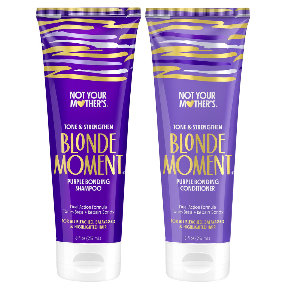 Champú violeta Not Your Mother's Blonde Moment en botella, neutraliza brillos amarillos.