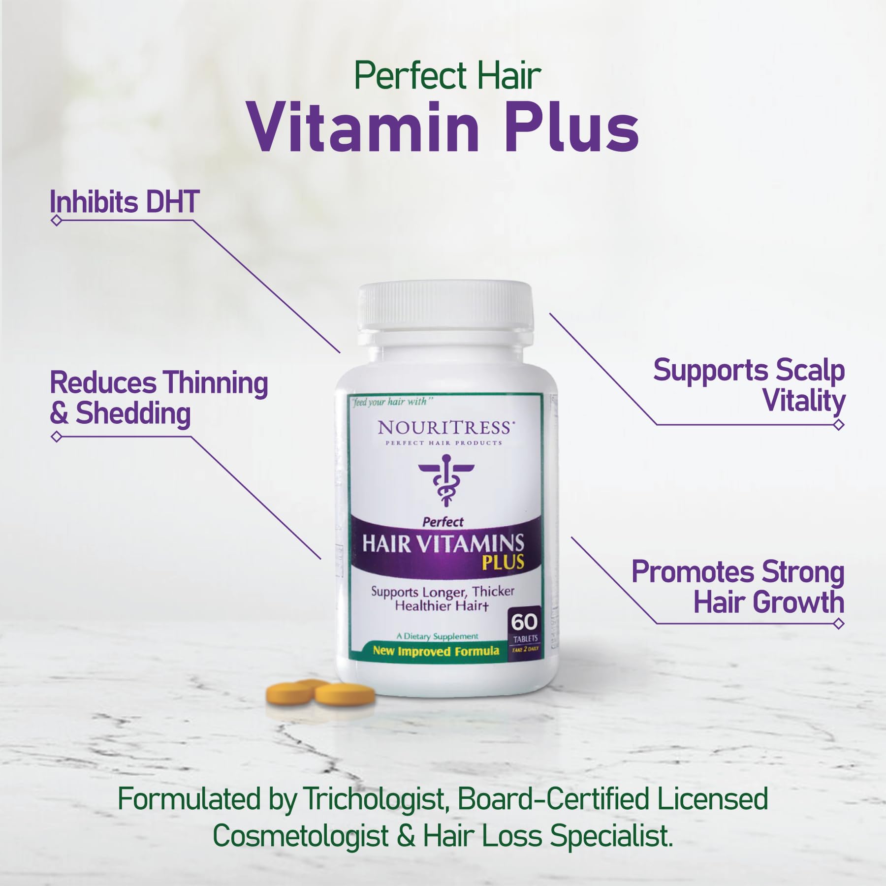 NouriTress Perfect Hair Vitamins Plus saw-palmetto ingredient closeup for natural DHT-support