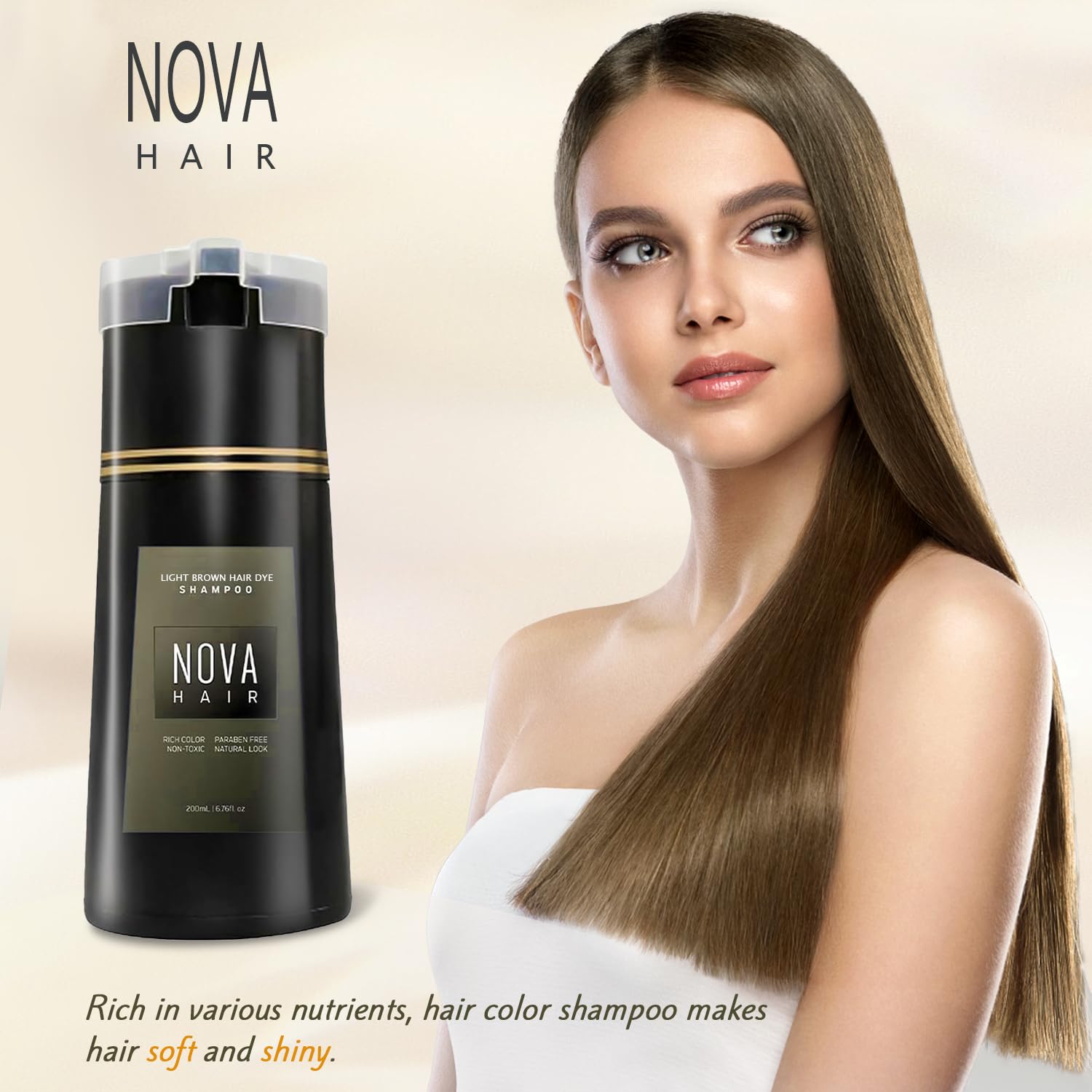 Nova Hair Champu Tinte, aplicación sin brocha, guantes para uso seguro.