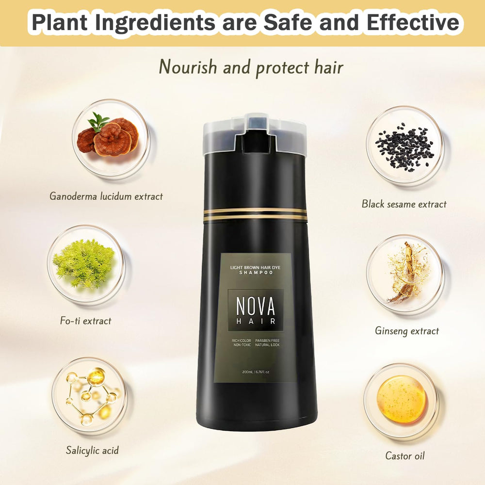 Nova Hair Champu Tinte espera 15-20 minutos para color duradero.