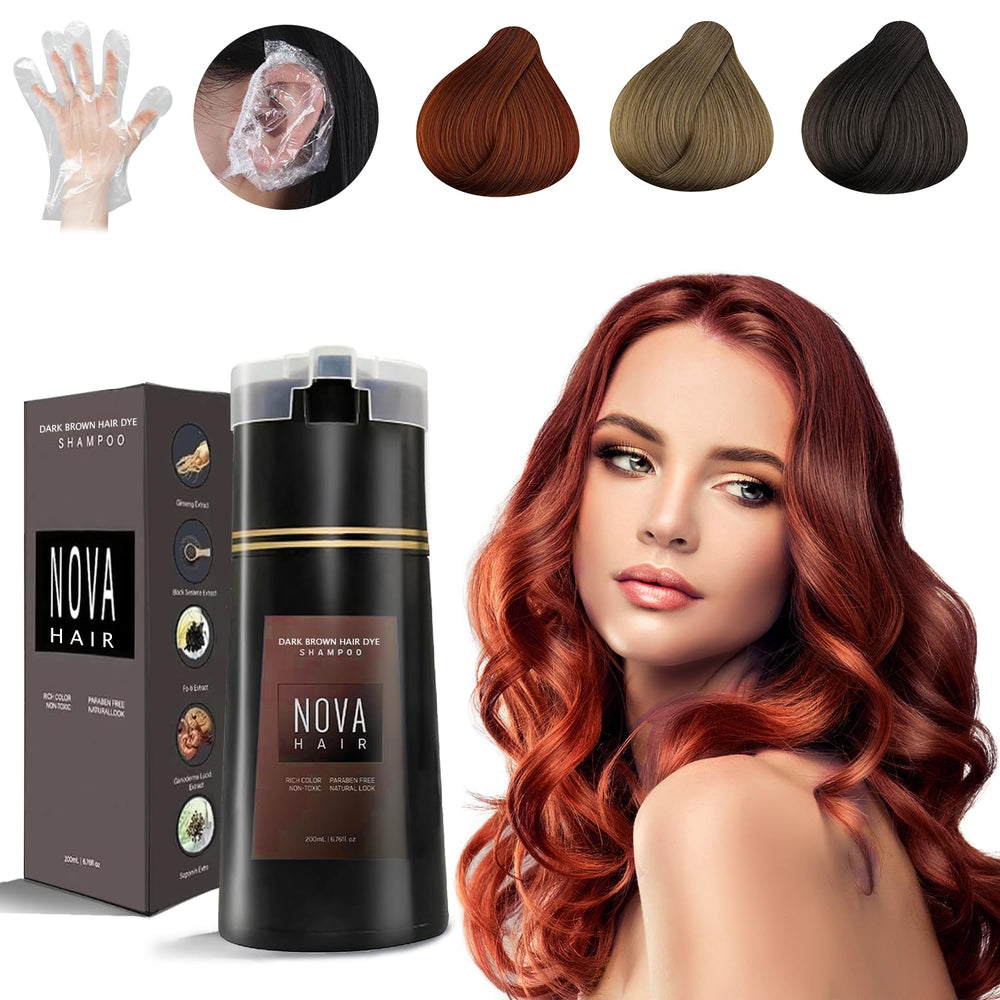 Nova Hair Champu Tinte frente a la botella, lista para cobertura segura de canas.
