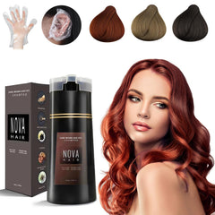 Nova Hair Champu Tinte frente a la botella, lista para cobertura segura de canas.