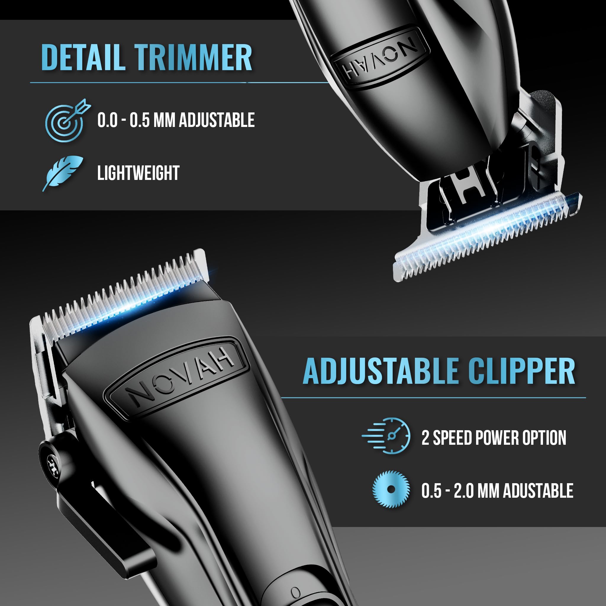 NOVAH Grooming: cabezal ajustable con calibre variable para desvanecidos suaves.