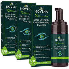 NOVEHA Demodex: botella espumosa para limpieza suave de parpados y pestañas.