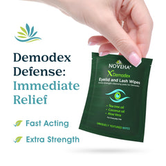 NOVEHA Demodex: caja abierta mostrando toallitas individuales listas para uso diario.