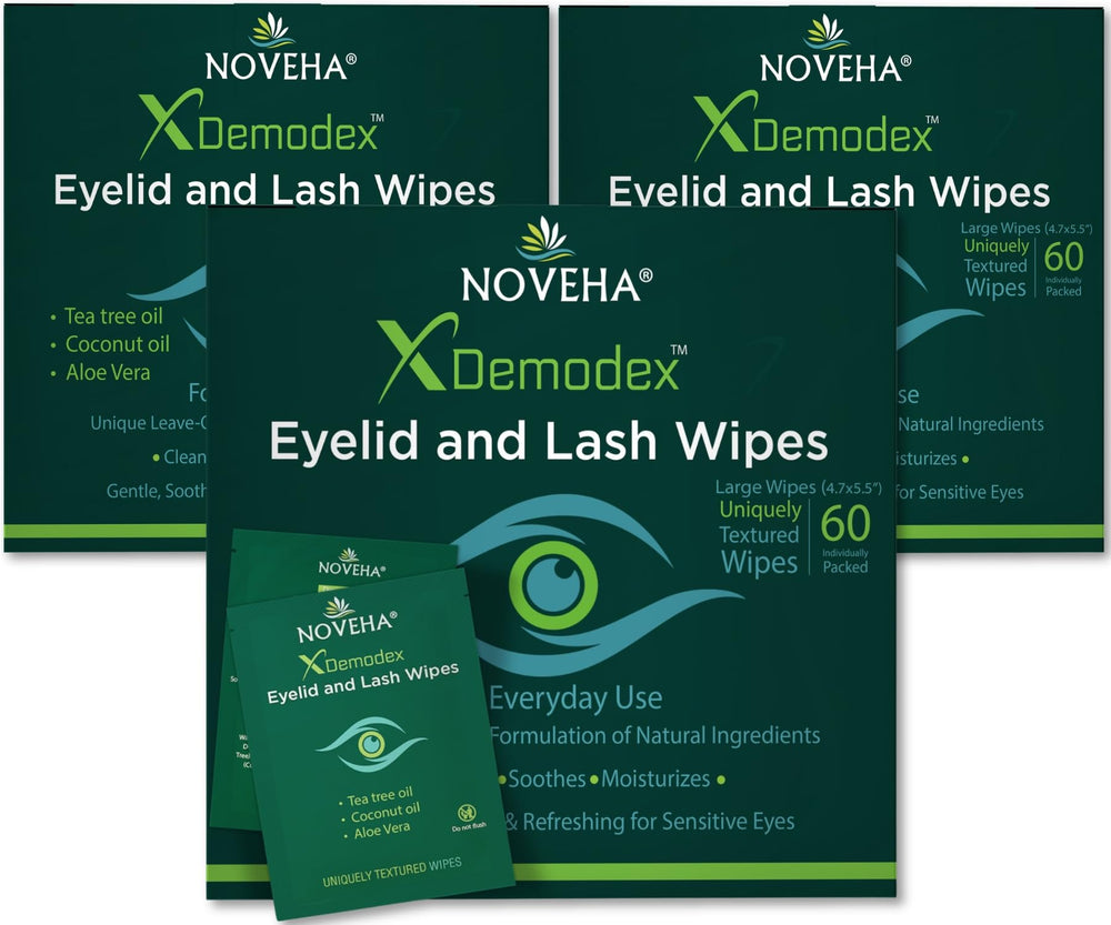 NOVEHA Demodex toallitas para ojos, caja de 60 envueltas para higiene diaria.