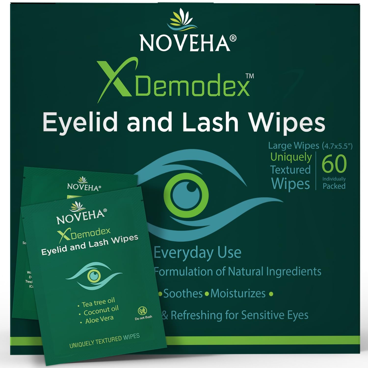 NOVEHA Demodex: vista frontal de la caja de 60 toallitas para higiene ocular.