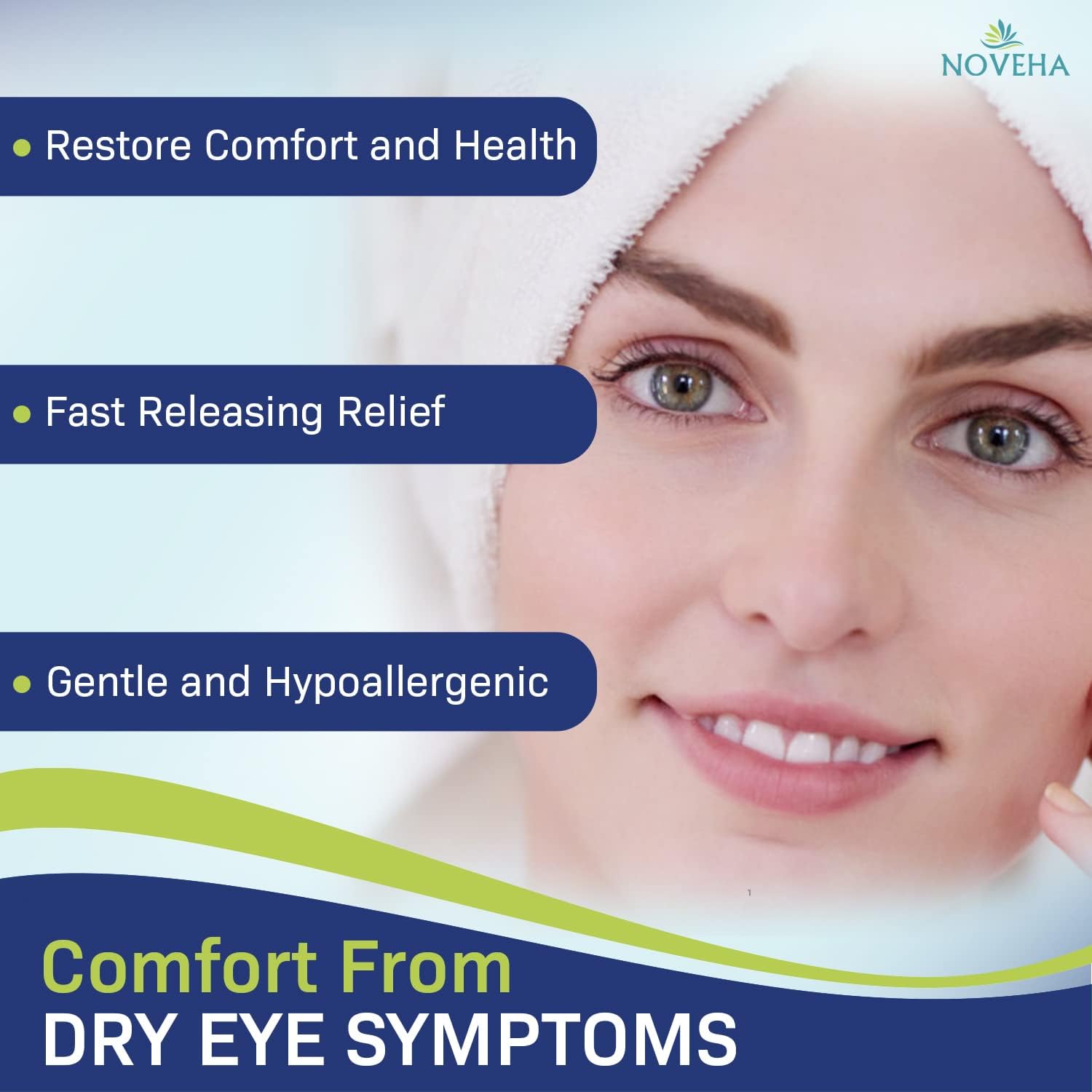 Eliminación de residuos en ojos y párpados con NOVEHA para limpieza sin esfuerzo.