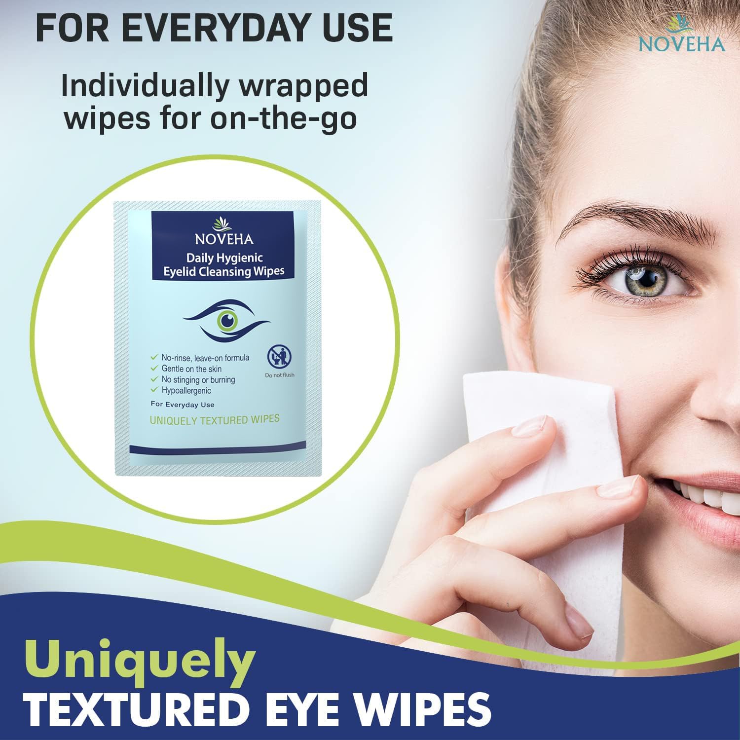 Higiene ocular calmante con NOVEHA para reducir molestias oculares.