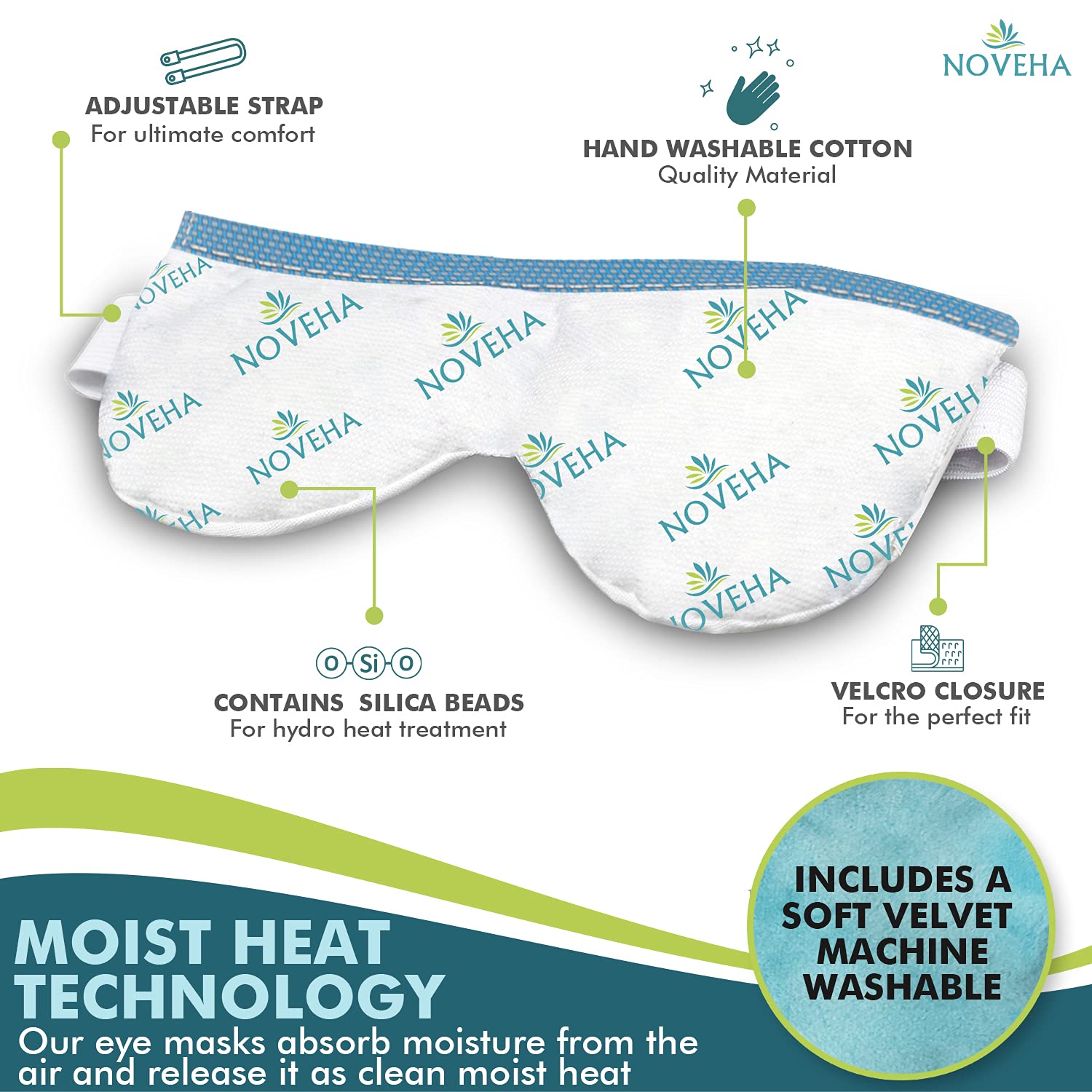 NOVEHA Mascarilla ocular con correa ajustable y velcro para ajuste cómodo.