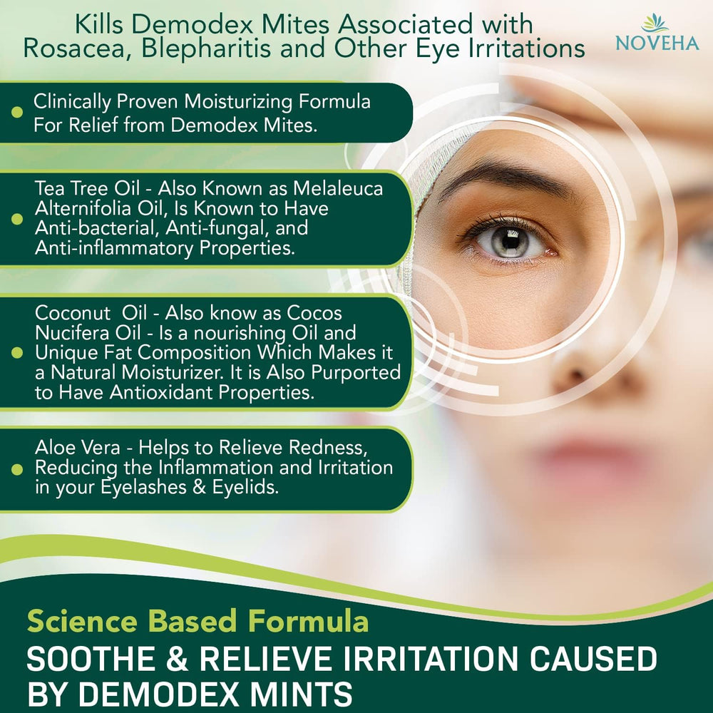 NOVEHA Demodex, ingredientes clave Tea Tree y Aloe para cuidado suave.