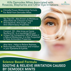 NOVEHA Demodex, ingredientes clave Tea Tree y Aloe para cuidado suave.