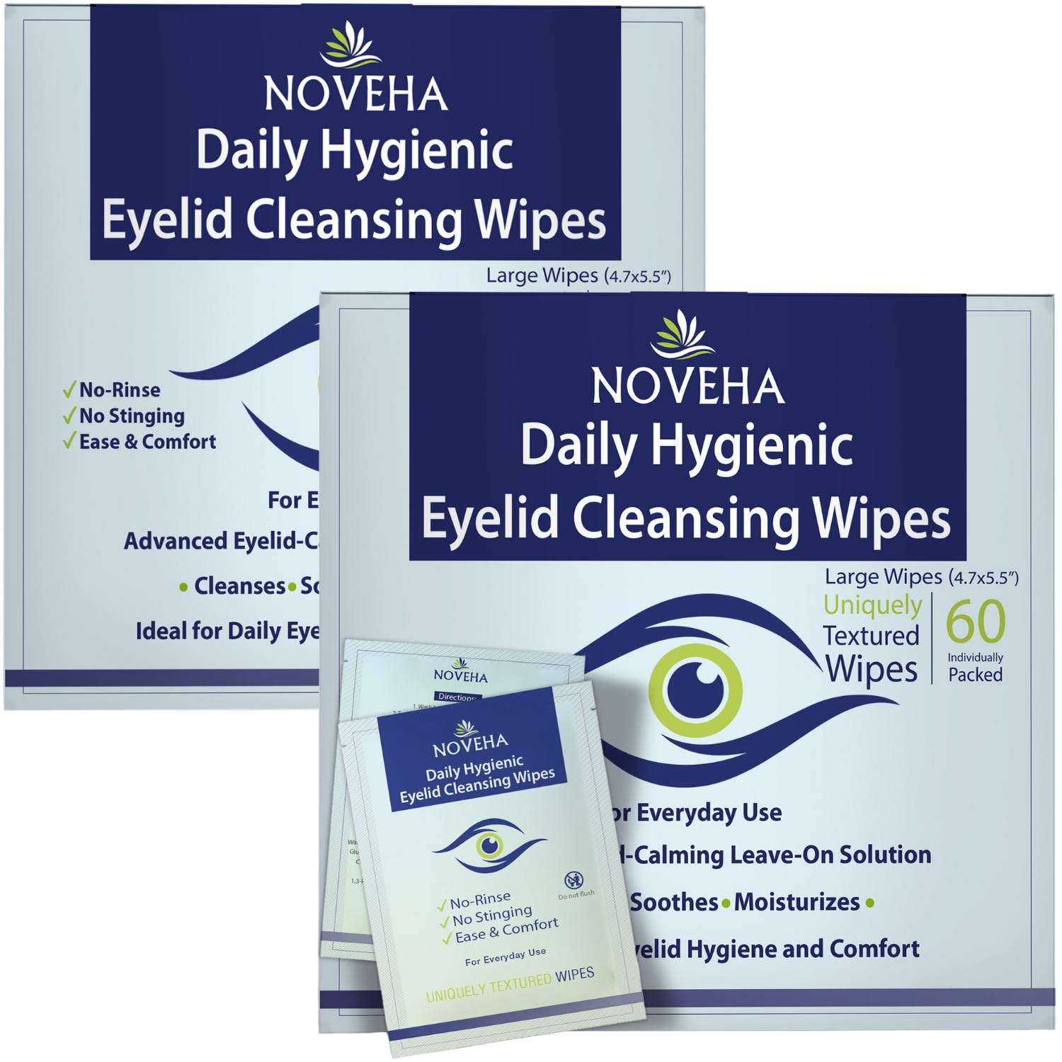 NOVEHA toallitas oculares diarias en empaque individual para higiene ocular rápida.