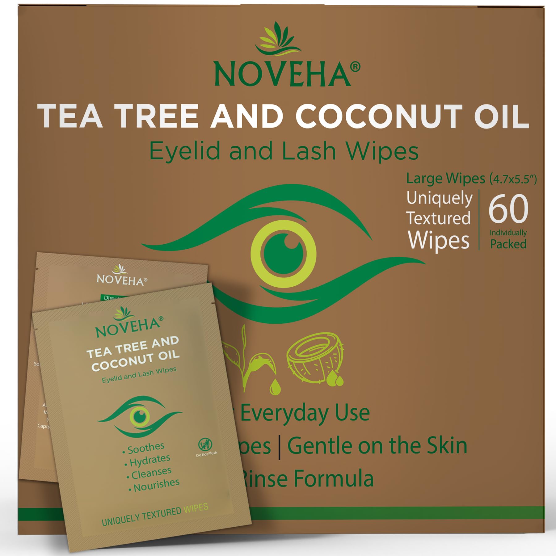 Toallitas NOVEHA para ojos con empaque individual, limpieza suave con arbol de te y coco.