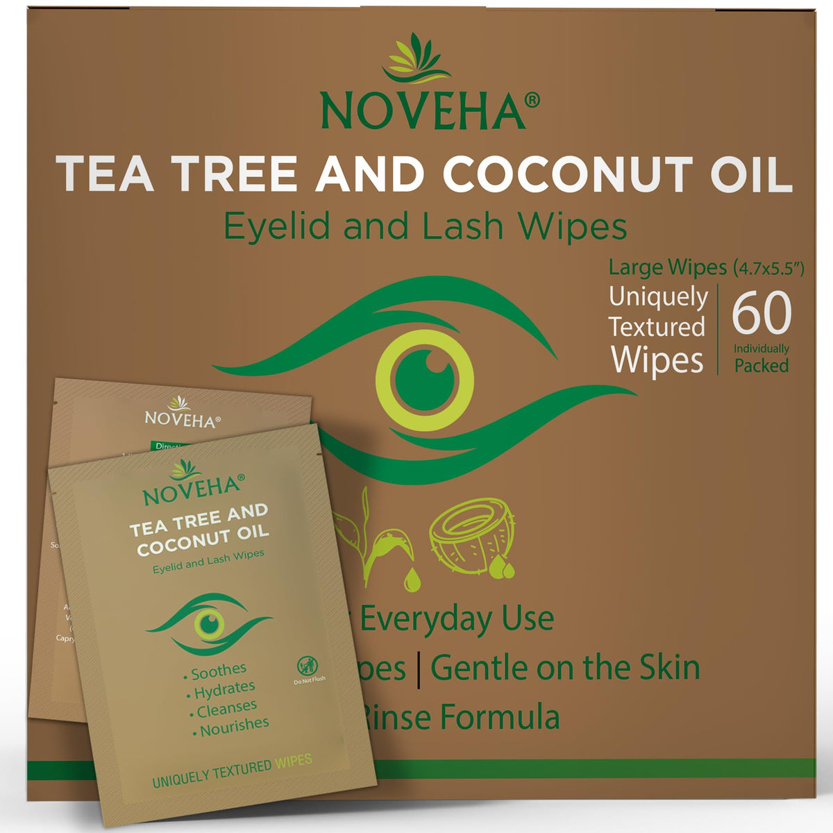 Toallitas NOVEHA para ojos con empaque individual, limpieza suave con arbol de te y coco.