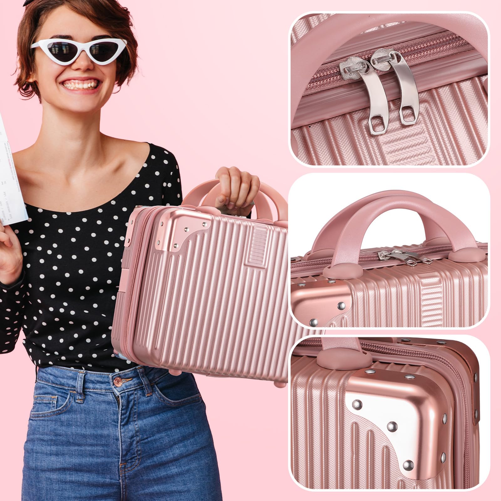 Noverlife maleta maquillaje portátil detalle rosa, acabado brillante y tacto premium
