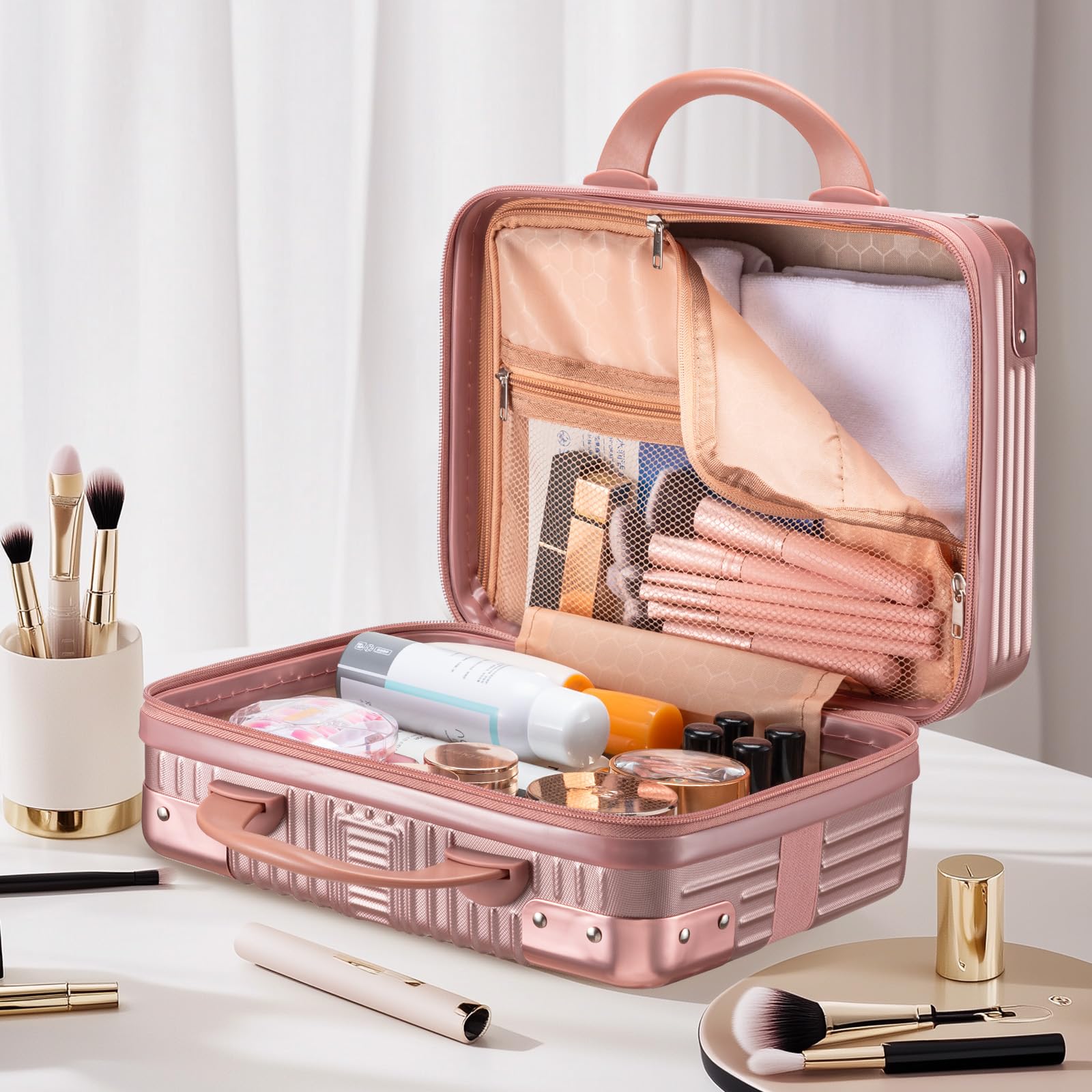 Noverlife maleta maquillaje portátil sensación de lujo rosa oro, resistente para viajes