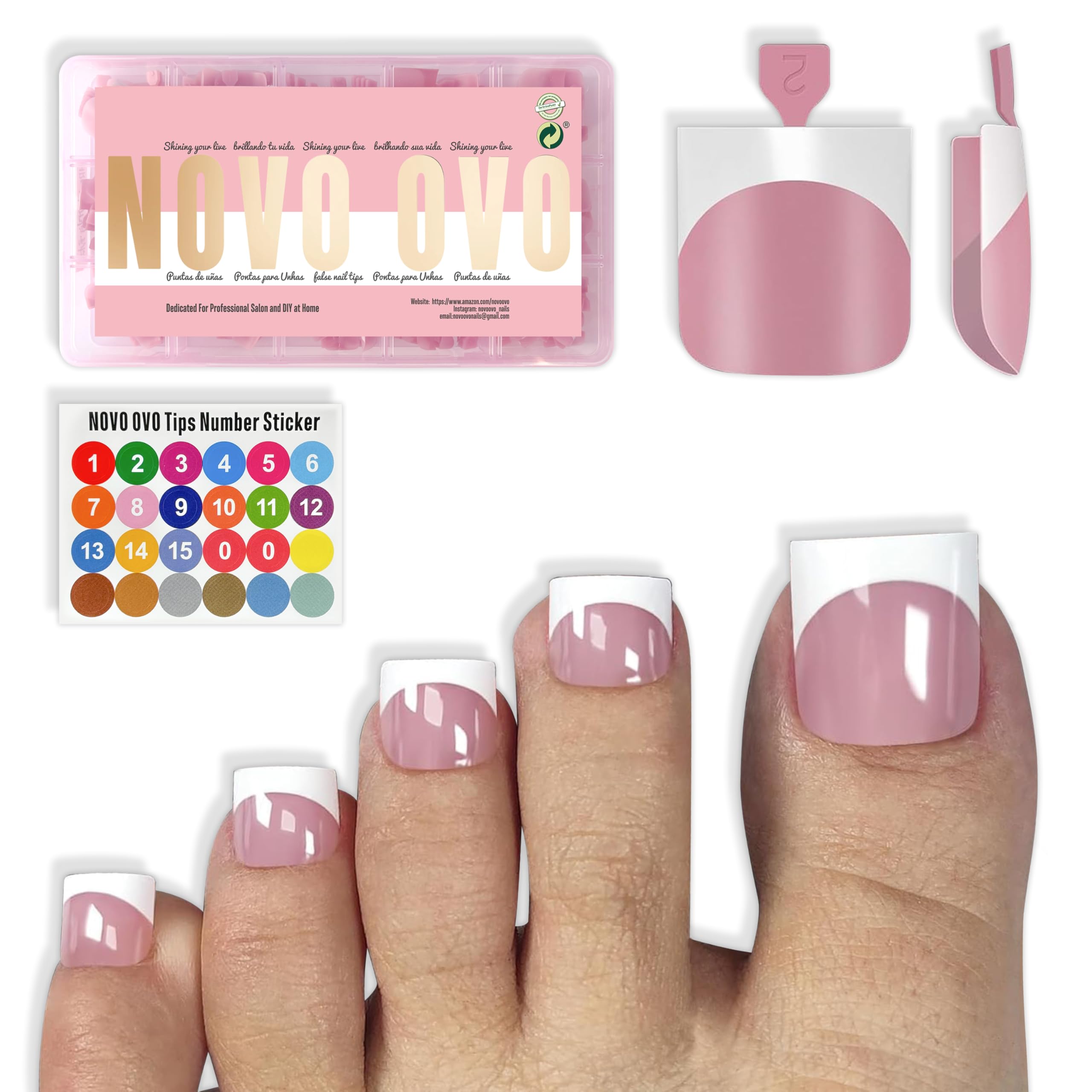 NOVO OVO uñas postizas del pie con punta francesa blanca, formato cuadrado