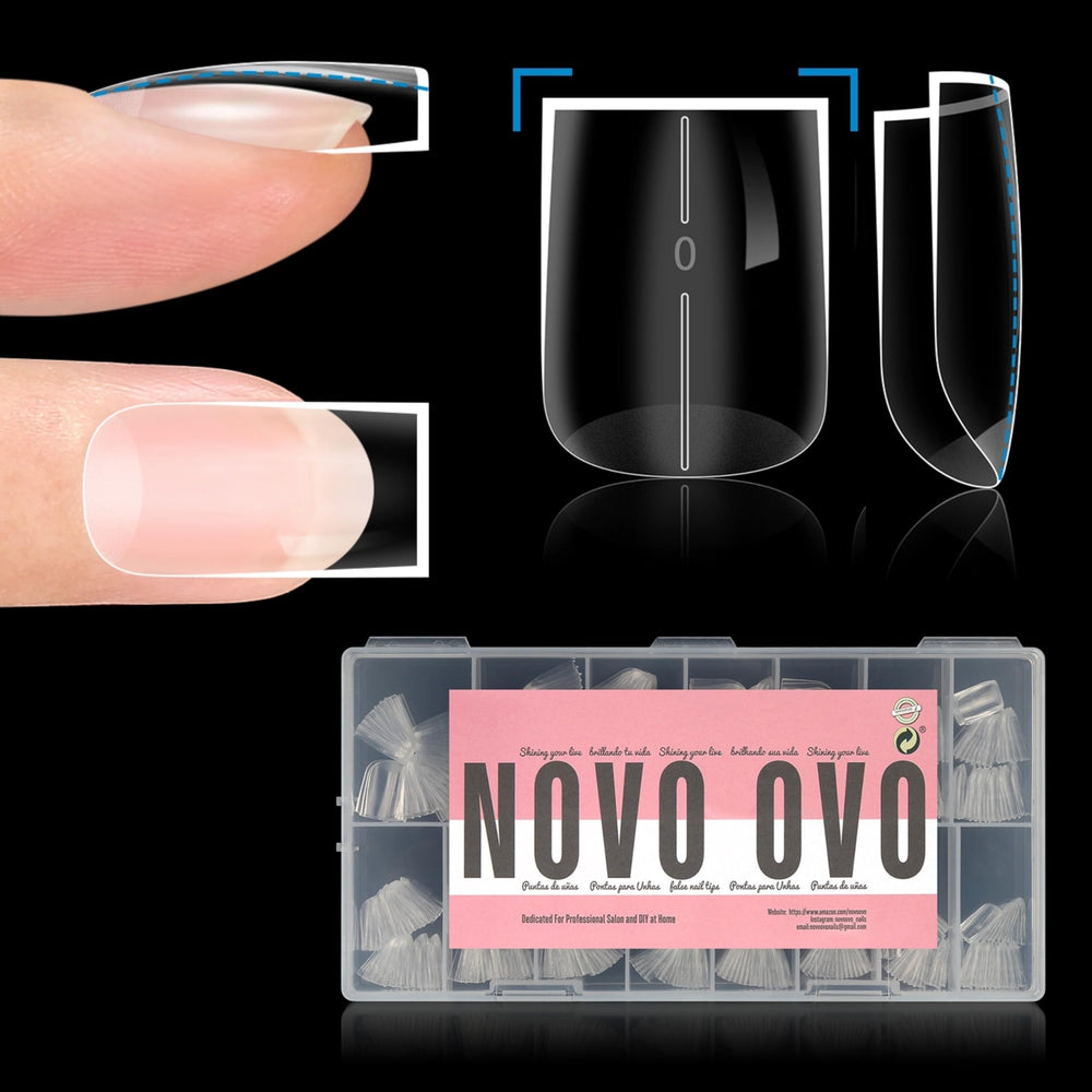 NOVO OVO tips rectos cuadrados gruesos para uñas, duraderos y fáciles de aplicar.