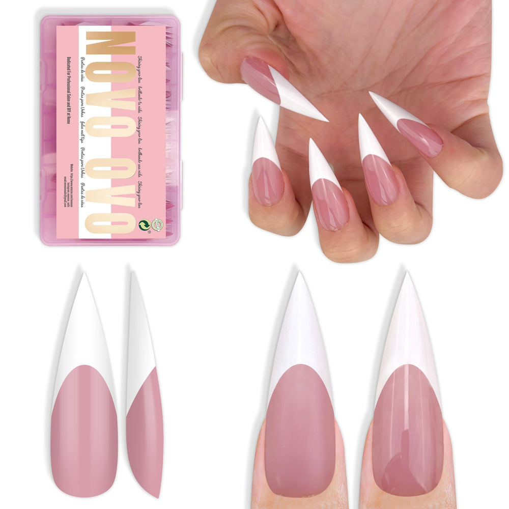 NOVO OVO uña francesa blanca larga en stileto, ideal para manicura rápida y elegante.