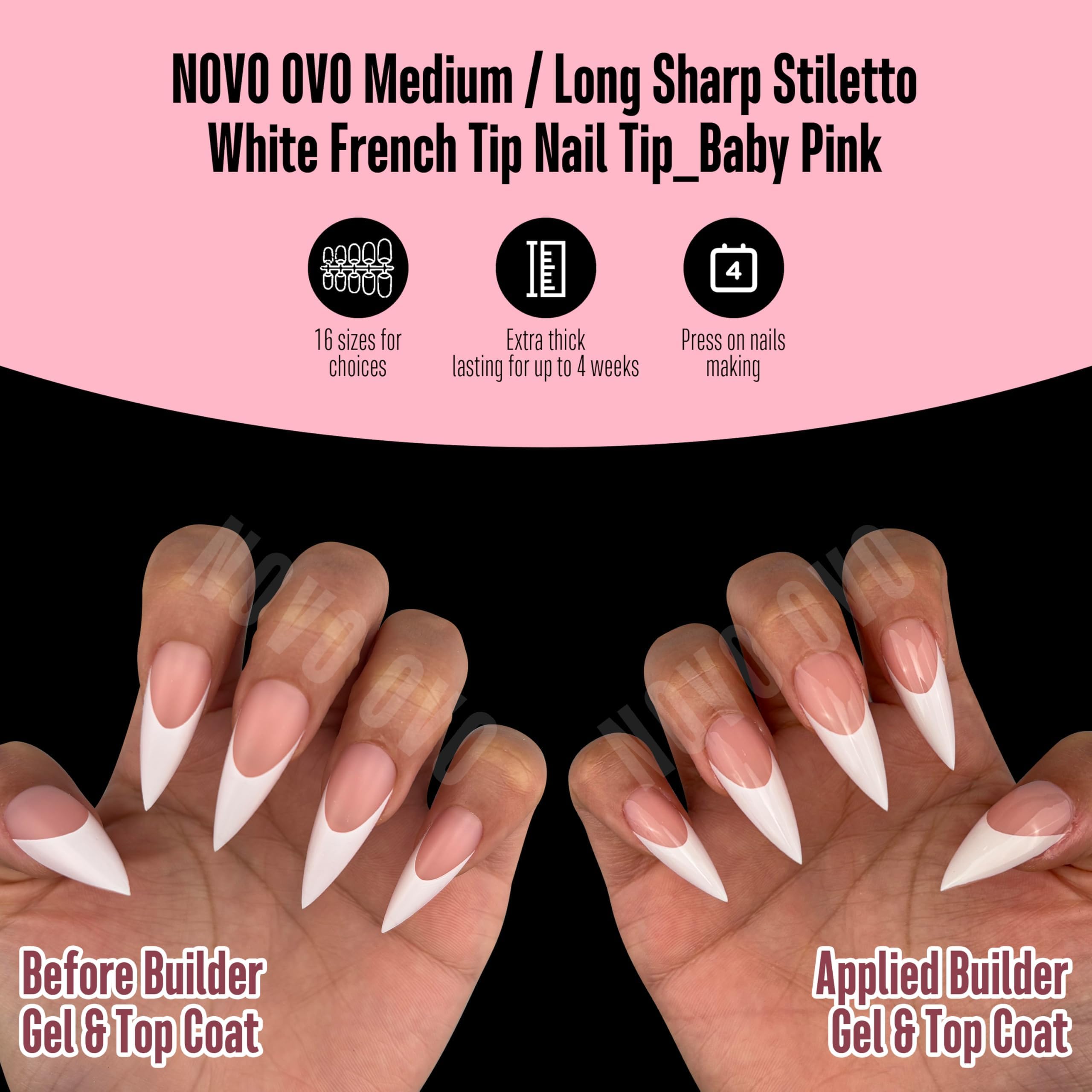 NOVO OVO Uñas francesas estilete blanco, gel suave y transparente