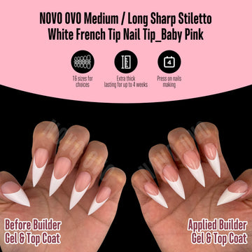 NOVO OVO Uñas francesas estilete blanco, gel suave y transparente