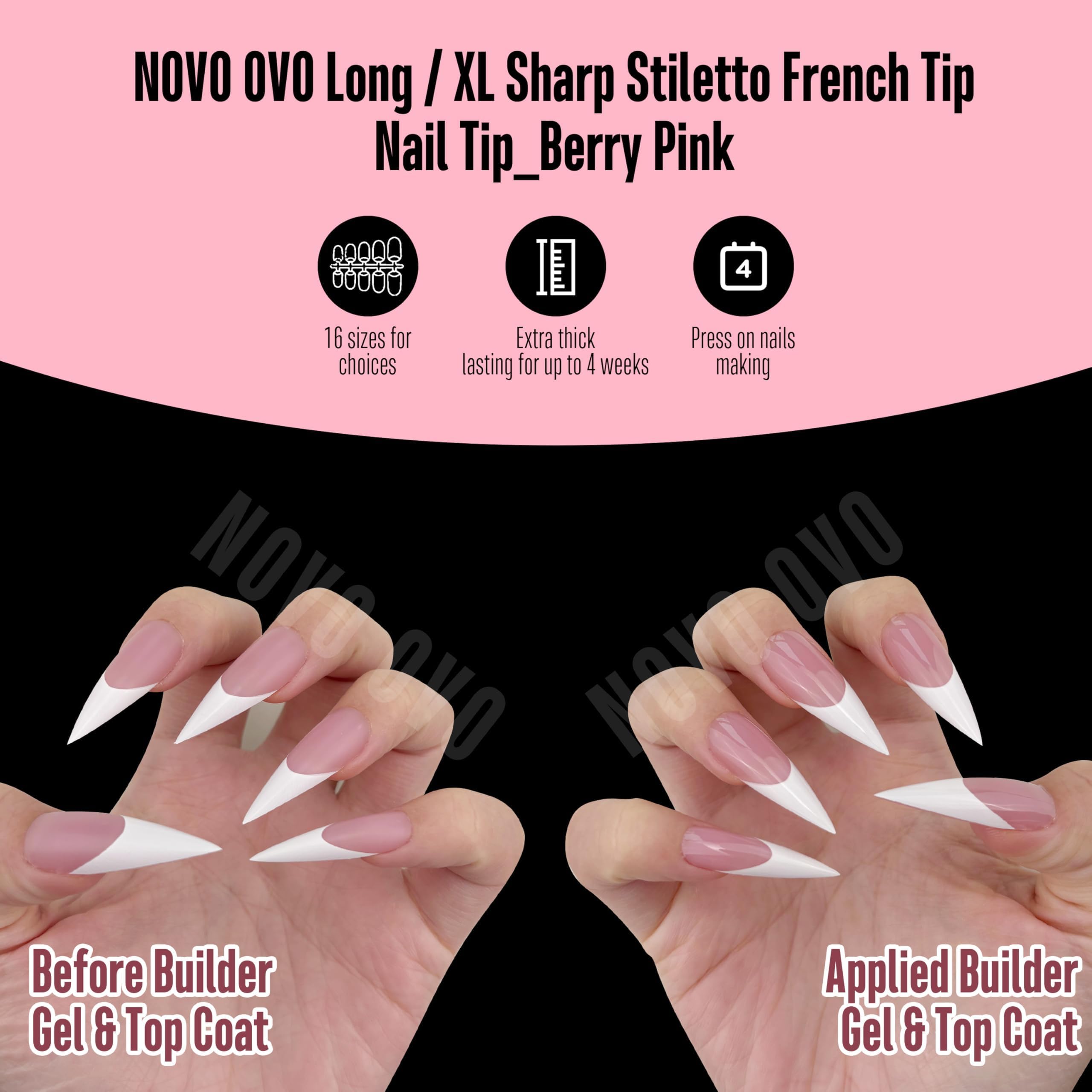 NOVO OVO uña gel suave transparente Frances Blanco, largo stileto, aplicación sencilla.