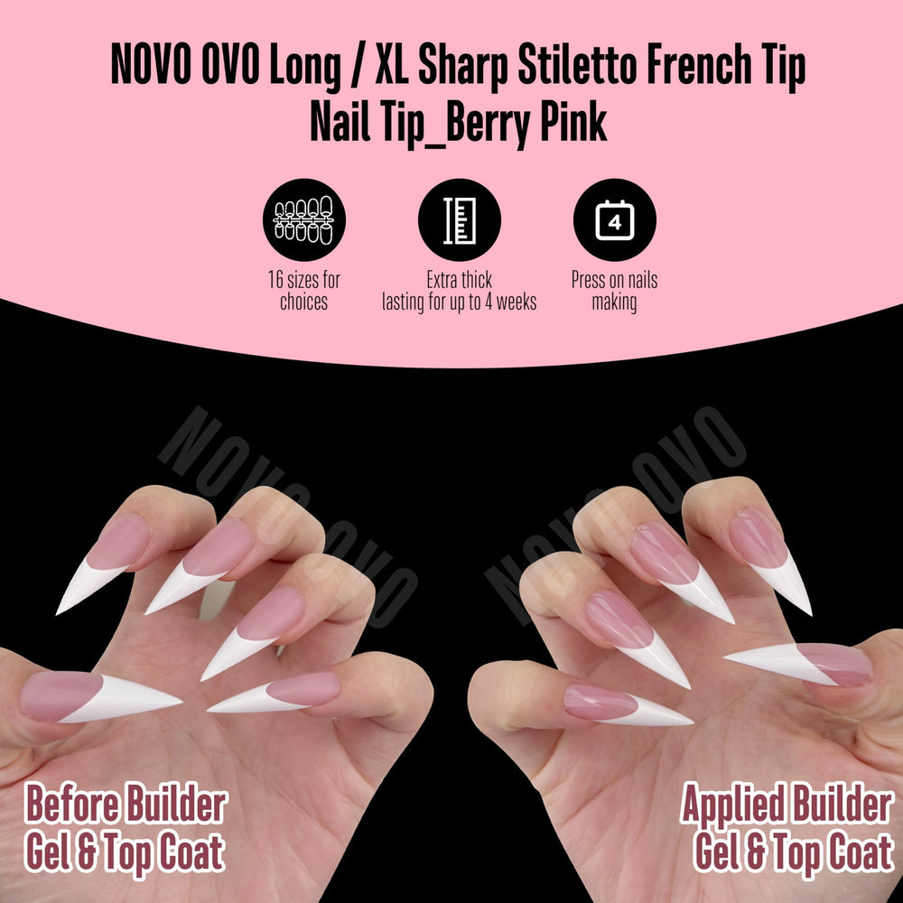 NOVO OVO uña gel suave transparente Frances Blanco, largo stileto, aplicación sencilla.
