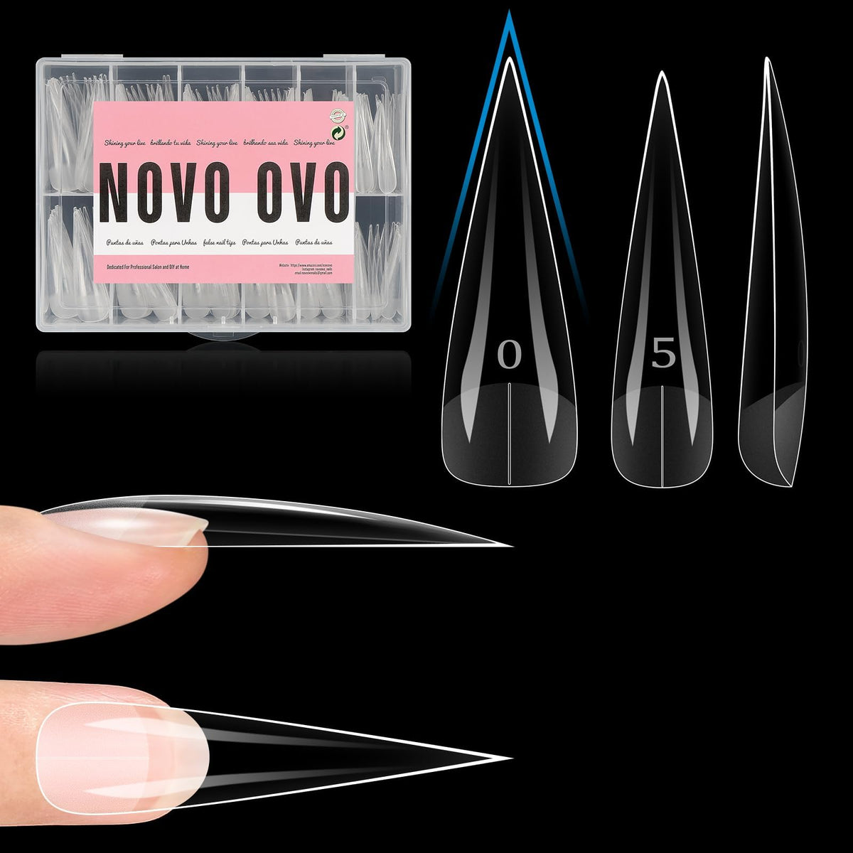 NOVO OVO uñas puntas rectas afiladas XXL naturales para manicuras rápidas.
