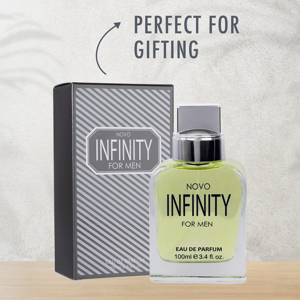 NovoGlow Infinity base notes visualization features sandalwood and vetiver warmth.