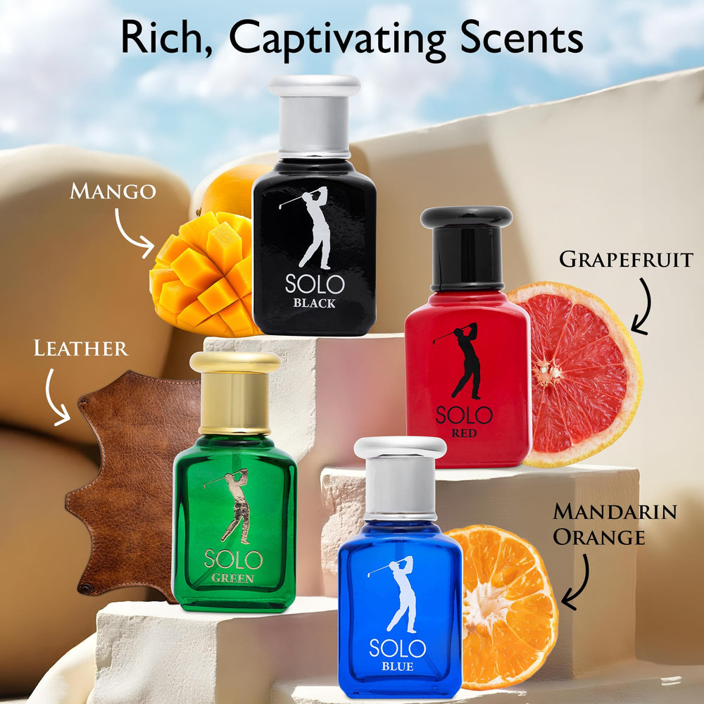 NovoGlow Solo Blue bottle, fresh citrus-woody notes ideal for daytime confidence.